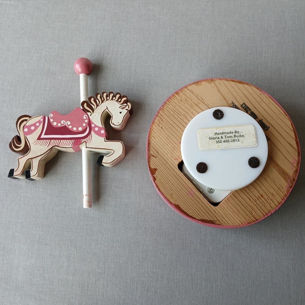 Vintage Handmade Wooden Carousel Horse Music Box pink "Dancer" 5"diameter 7.5"H - Picture 6 of 10